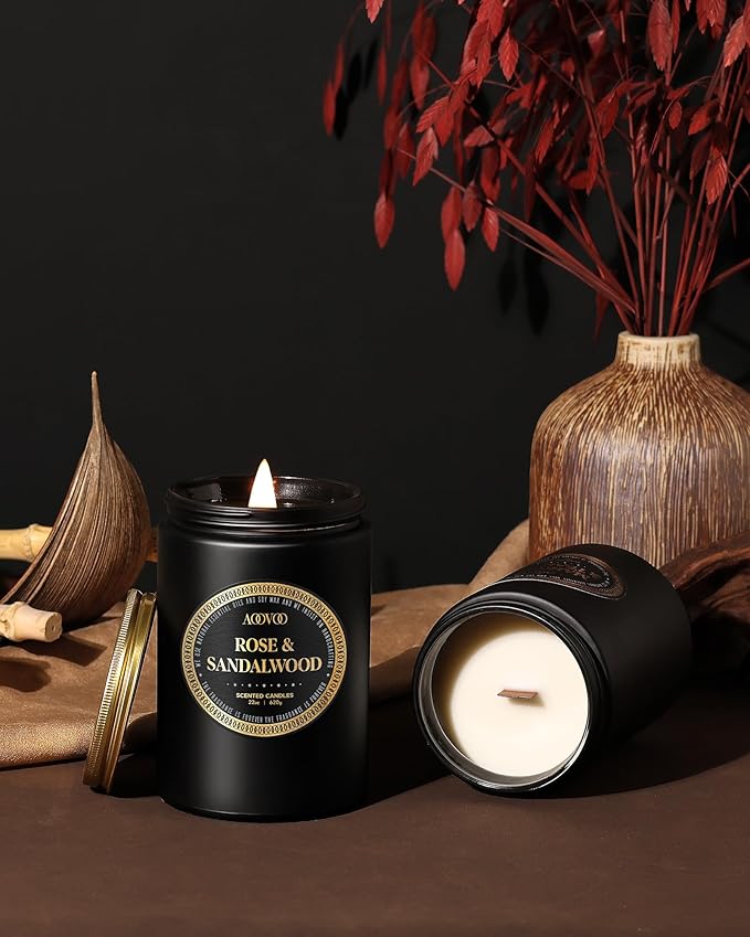 AOOVOO Scented Candles for Men - Rose & Sandalwood Candles for Home Scented | Crackling Wood Wick Soy Candles | Strong Fragranced Masculine Black Candle Gift for Women & Men, 22oz