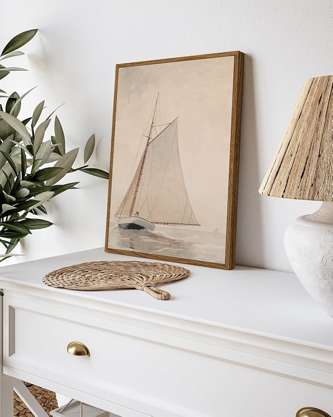 InSimSea Framed Wall Art for Living Room Coastal Wall Decor White Sailboat Seascape Watercolor Vintage Painting Beach Home Decor Boho Wall Pictures Farmhouse Art Prints Bathroom Office 12x16in