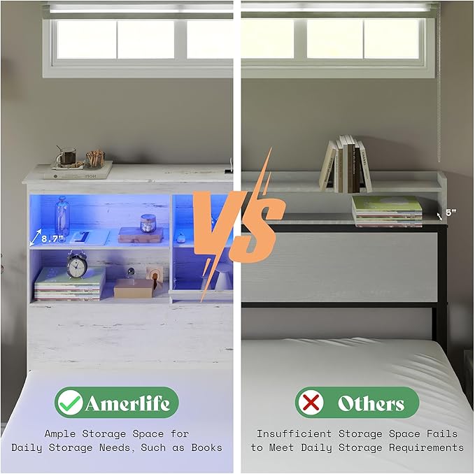 AMERLIFE Farmhouse King Size Bed Frame with 51.2" LED Storage Bookcase Headboard, Solid Wooden Platform Bed with 4 Drawers & Charging Station, Distressed White, No Box Spring Needed, Noise-Free