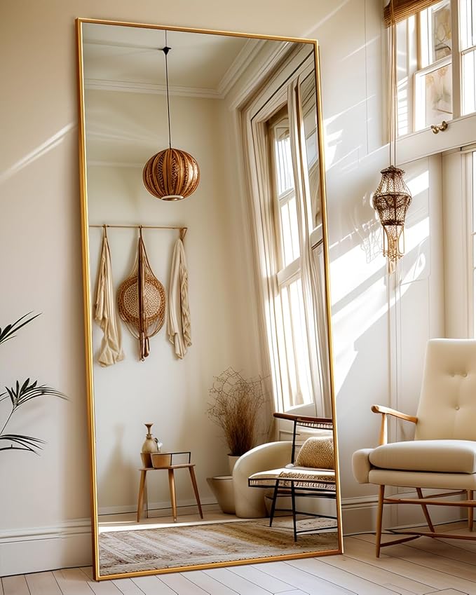 Antok Full Length Mirror, 71"x32" Floor Mirror with Stand, Hanging Mounted Mirrors for Bedroom, Living Room, Cloakroom, Dining Room, Gold, Rect