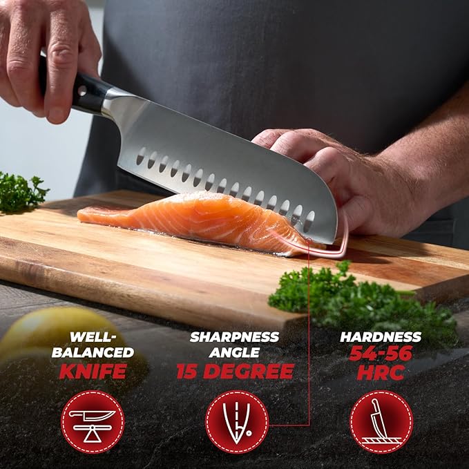 Santoku Knife 7 Inch – Ultra Sharp High Carbon Stainless Steel Kitchen Knife with Comfortable Grip, Ergonomic Handle, Gifts for Women and Men, Premium Cooking Knife with Gift Box