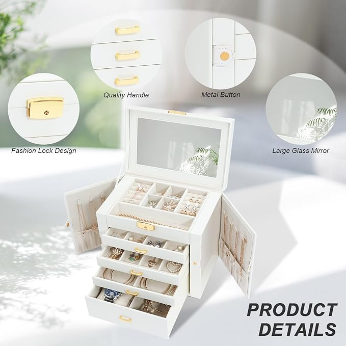 Jewelry Box for Women, 5-Layer Jewelry Organizers Box, Large Jewelry Storage Box for Girls, Jewelry Holder Organizers Gift for Valentine's Day, Christmas, New Year (White)
