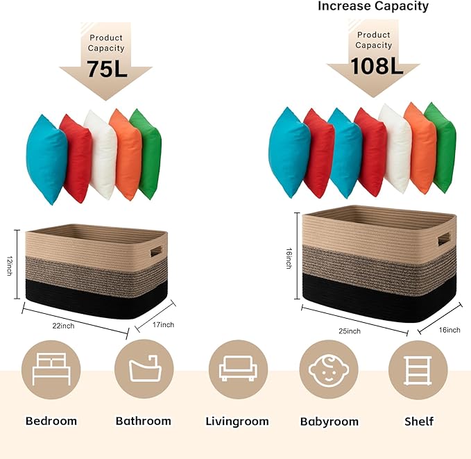 OIAHOMY 108L Large Cotton Rope Basket, Rectangle Woven Baskets for Storage, Nursery Blanket Storage Living Room, Toy Basket With Handle-25”x16”x16”-Yellow Black