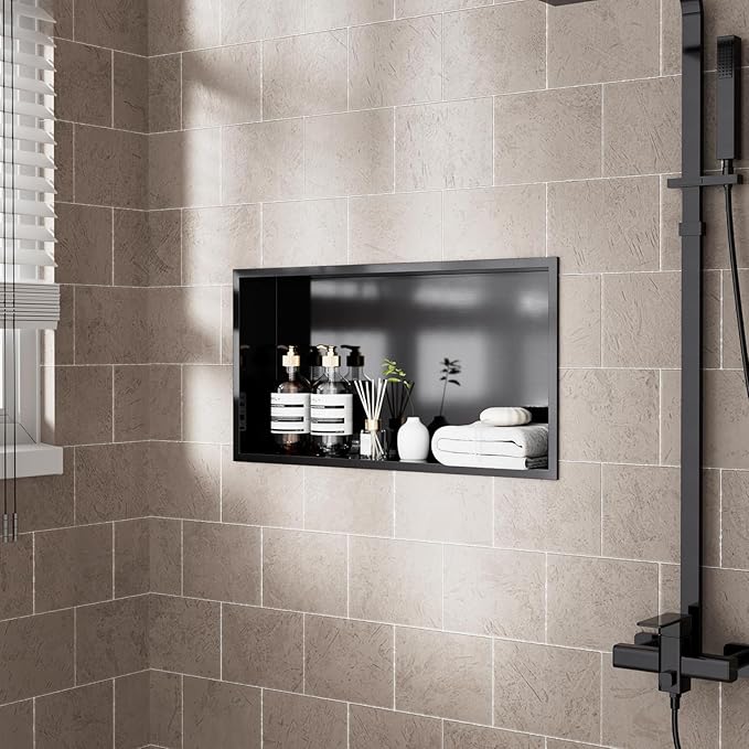 POPFLY No Tile Shower Niche, Stainless Steel Shower Niche 24"X12", Single Shelf No Tile Needed Recessed Bathroom Wall Niches, Dark Grey