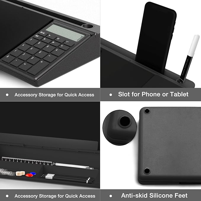 TOWON Desktop Glass Whiteboard with Basic Calculator, 12 Digit LCD Display, Desk Organizers with Accessories for Office, Home, School Supplies, Storage with Dry Erase Board Surface, Black, 17'' x 6''