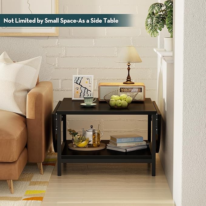 SAYGOER Black Coffee Table Modern Extended Coffee Tables with Storage for Living Room 2-Tier Unique Center Table with Two Folding Panel for Any Large or Small Space,Foldable, All Black