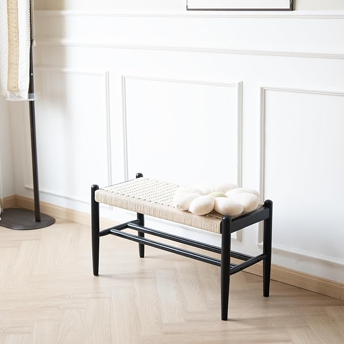 Solid Wood Entryway Bench with Shoe Storage, Rustic Oak Wood and Woven Design 31.5 Inch Long Seating for Living and Dining Rooms,Black