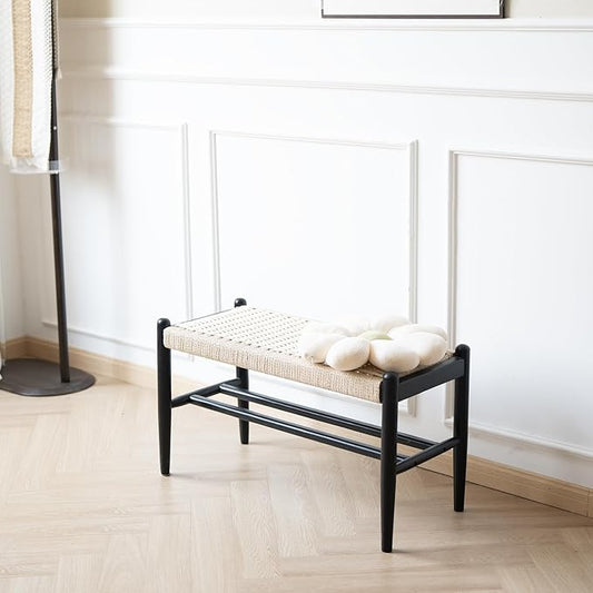 Solid Wood Entryway Bench with Shoe Storage, Rustic Oak Wood and Woven Design 31.5 Inch Long Seating for Living and Dining Rooms,Black