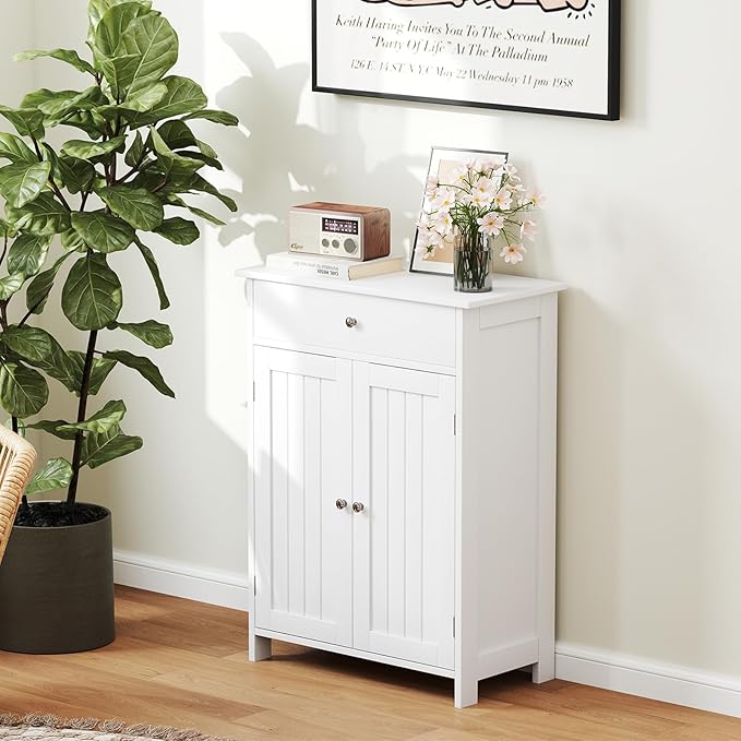 Tangkula Bathroom Storage Cabinet, Freestanding Floor Organizer w/ 2 Doors, 1 Drawer & 1 Adjustable Shelf, Modern Home Bathroom Furniture for Living Room Entryway Kitchen (Cabinet & Drawer, White)