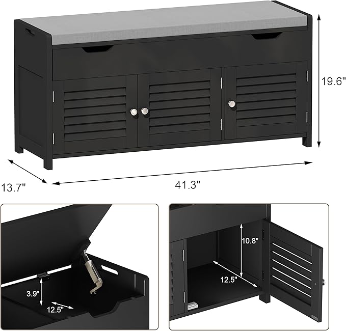 ChooChoo 41.3" Shoe Storage Bench with Lift Top Storage, Entryway Bench with Cushioned Seat, Adjustable Shelf, Shoe Cabinet with Hidden Space, for Entryway, Bedroom, Living Room, Black