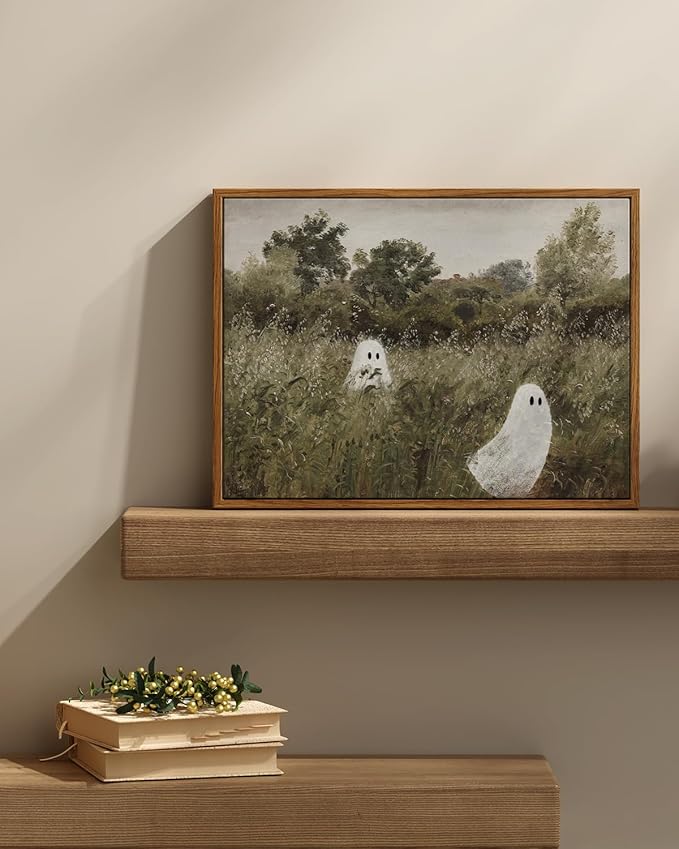 InSimSea Framed Canvas Wall Art, Vintage Halloween Decor With Cute Ghosts, Indoor Bedroom Bathroom Living Room Pictures, Landscape Prints, 12"x16"