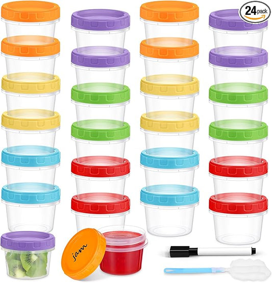 4 oz Small Plastic Containers with Lids, 24 Pack Stackable Small Freezer Container, Reusable 1/2 Cup Food Containers for Snack Puree Fruit, with Pen and Brush, Microwave & Dishwasher Safe