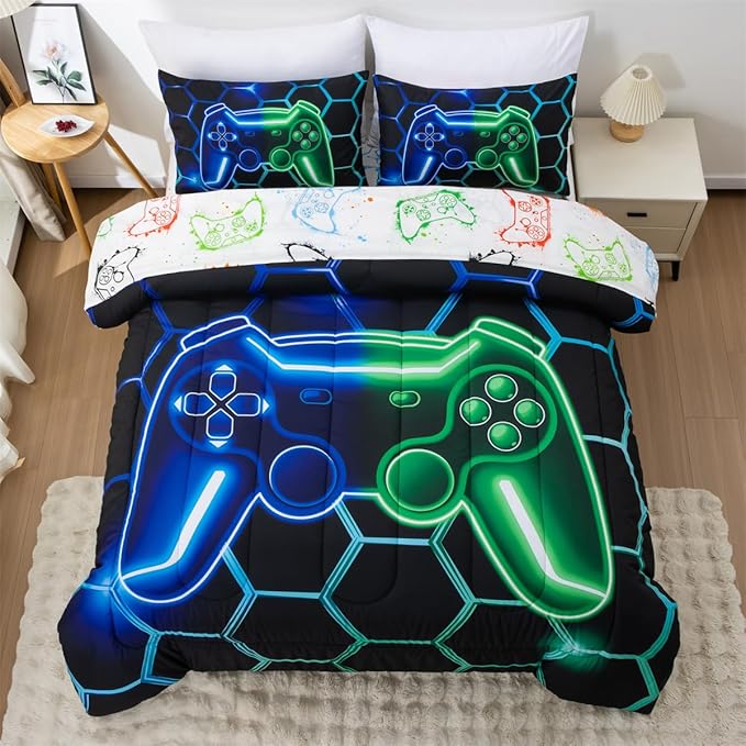 NTBED Game Console Comforter Set for Boys Girls Kids Geometric Lightweight Microfiber Bedding Sets (Blue Green, Full 5Pcs)
