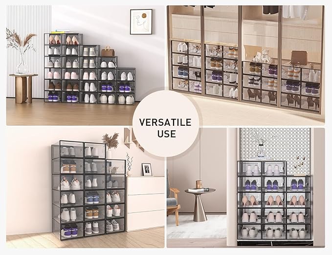 Kuject X-Large Shoe Storage Boxes Organizers Clear Plastic Stackable 12 Pack, Shoe Rack & Holder Substitute, Sneaker Containers, Toy Storage Organizer Bins for Entryway, Closet, Under Bed, Black