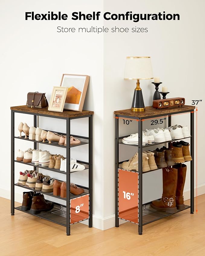 Pipishell 5-Tier Shoe Rack for Entryway and Small Spaces with Wooden Top & Metal Frames, Shoe Storage Organizer with Adjustable Storage Shelves, PISRB4V