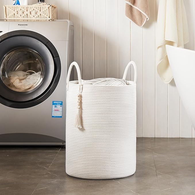Fiona's magic Woven Rope Laundry Hamper, Tall Laundry Basket for Blanket Storage, Large Dirty Clothes Hamper for Toys, Decorative Baby Nursery Hamper for Bedroom, Living Room - White, 72L