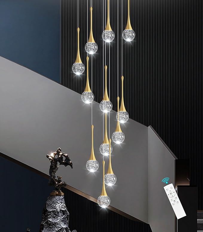 118 inches Modern Glam Crystal Chandelier for High Ceiling LED Dimmable Ceiling Pendant Light Staircase Foyer Enterway Living Room Chandelier Lighting Antique Gold 12 Lights