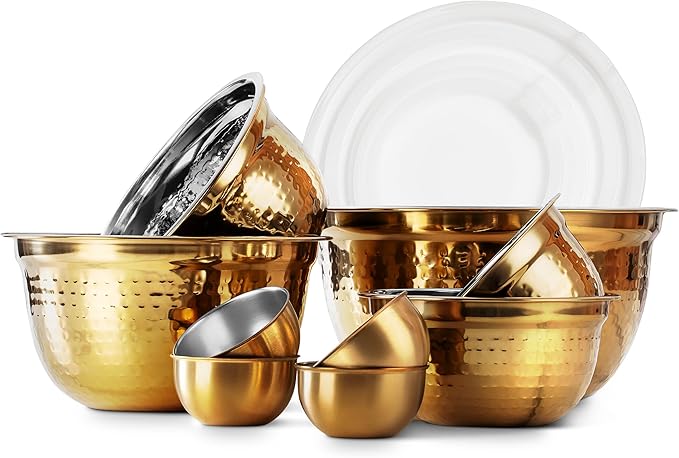 COOK WITH COLOR 18 Piece Mixing Bowls Set with Airtight Lids, Stainless Steel Bowl Organizers, Food Storage Containers, Meal Prep, Nesting Salad Bowls For Cooking, Baking, Kitchen, Gold - Hammered