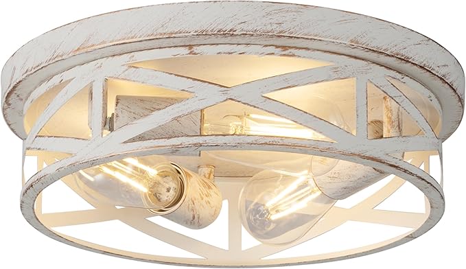3-Light Cage Ceiling Light Fixtures, Indoor Modern Close to Ceiling Lights, 13 Inch White and Gold Metal Flush Mount Ceiling Lights for Bedroom, Living Room, Kitchen