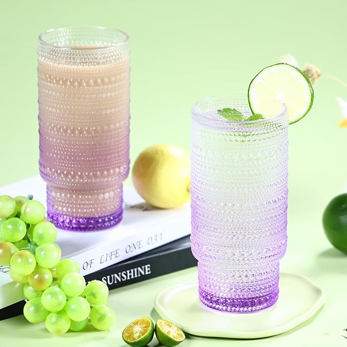6pcs Hobnail Drinking Glasses Set, 16 oz Vintage Glassware Drinking Glasses, Gradual Purple Water Glasses Tumbler, Cups for Kitchen, Juice, Beer, Cocktail, Whiskey