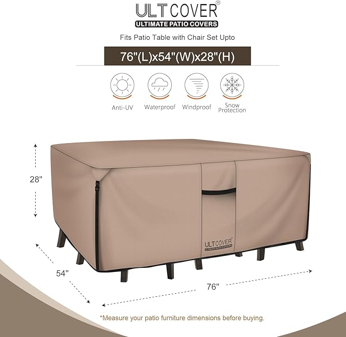 ULTCOVER Rectangular Patio Heavy Duty Table Cover - 600D Tough Canvas Waterproof Outdoor Dining Table and Chairs General Purpose Furniture Cover Size 76L x 54W x 28H inch