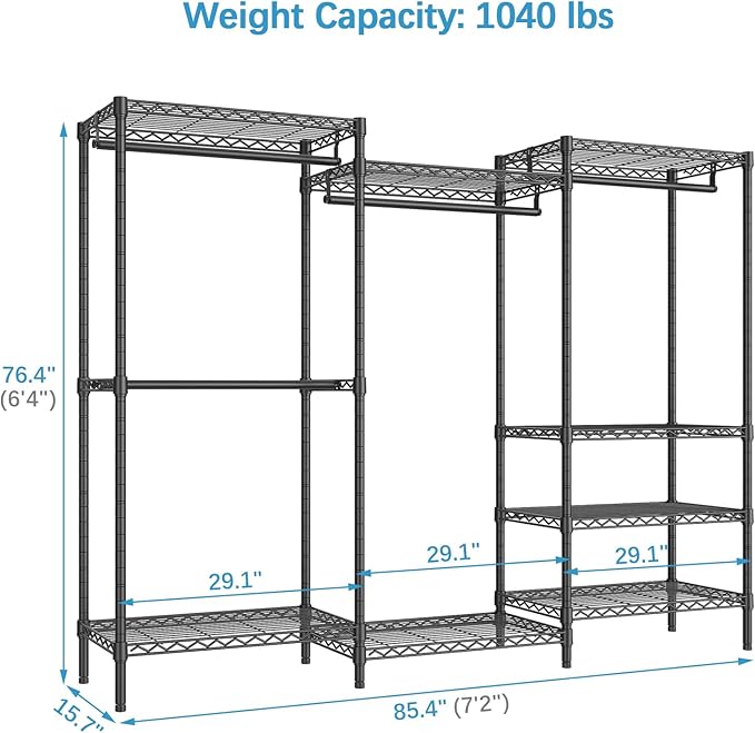 VIPEK V5 Plus Large Portable Closet Rack Freestanding Wardrobe Closet, Multi-Functional Clothes Rack Heavy Duty Metal Clothing Rack for Hanging Clothes, 85.4" L x 15.7" W x 76.4" H, Black