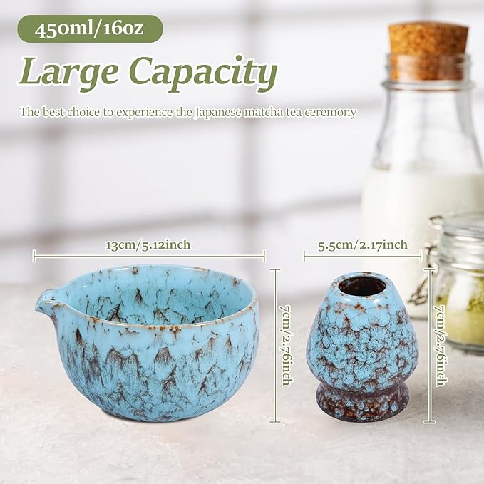 2Pcs Ceramic Matcha Bowl and Whisk Holder Set Easy to Use Tea Bowl and Whisk Stand Easy to Clean Matcha Tea Mixing Tool for Lover.(Kiln turns blove,2PCS)