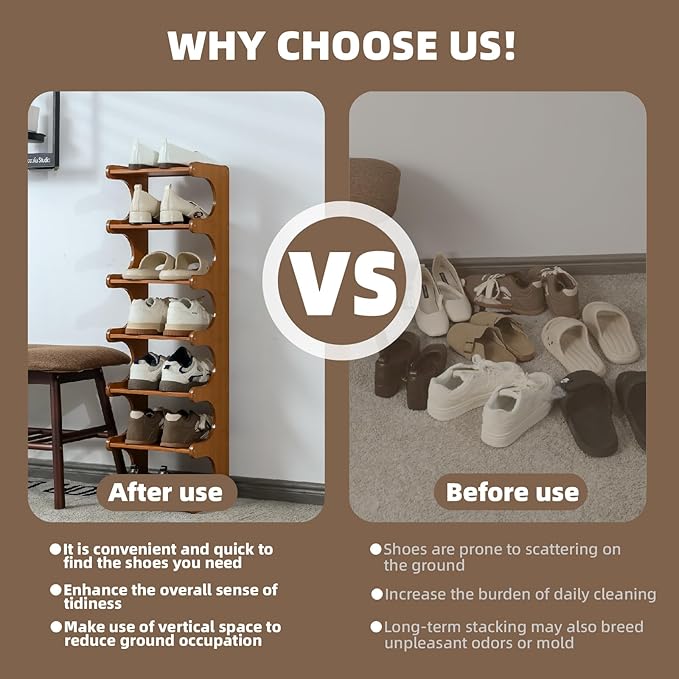 Multi-Tier Bamboo Shoe Rack, 30cm Narrow Standing Shoe Organizer for Closet Entrance, Space Saving Shoe Shelf, Sturdy Shoe Stand for Men and Women（7 Layers）