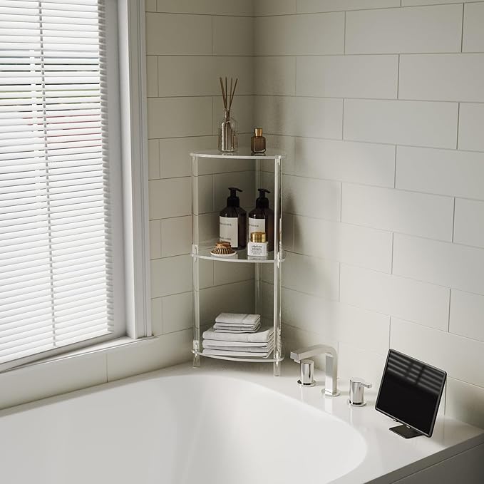 Aquiver Acrylic Standing Shower Caddy - Triangle Shower Organizer Stand - 3 Tier Corner Shower Caddy Shower Organizer Shelf for Inside Bathroom, Bathtub, 11.4'' D x 11.67'' W x 26.2'' H, Clear