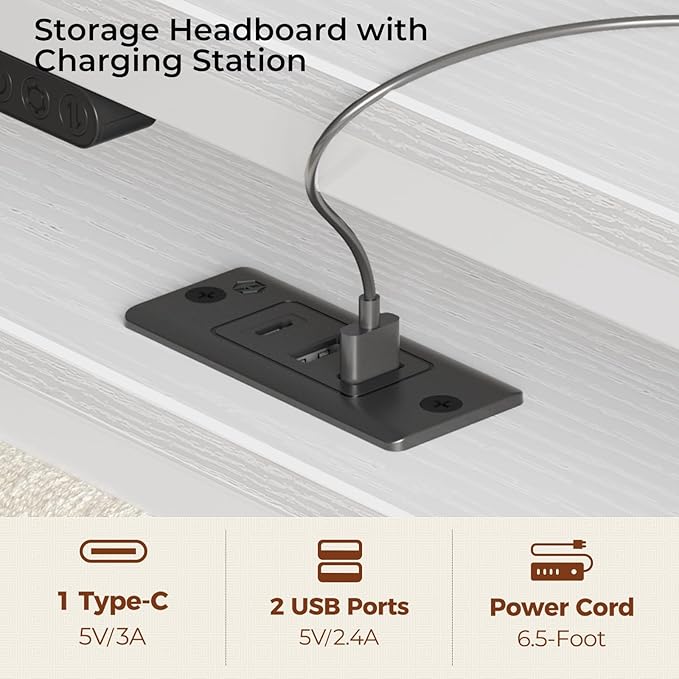 Seventable Bed Frame Twin Size with Charging Station, LED Bed with Upholstered Storage Headboard, Metal Platform Bed with Under Bed Storage, No Box Spring Needed, Noise Free, Easy Assembly, White