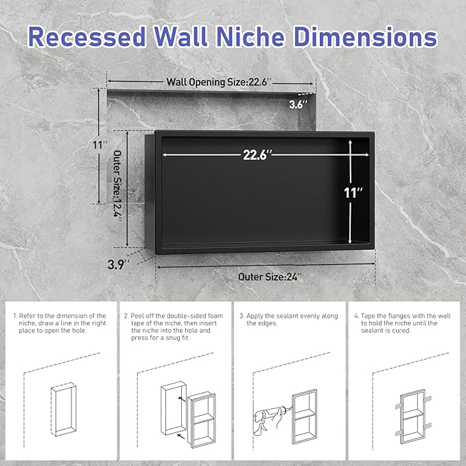 Shower Niche, 24" X 12"(Inner Size 22.6"X11") No Tile Needed Bathroom Niche for Shower Wall, Black Stainless Steel Shower Niche Insert for Bathroom, Recessed Wall Niche Shelf
