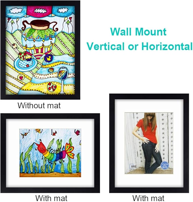 RPJC 11 x 14 Picture Frames Made of Solid Wood and High Definition Glass Display Pictures 8x10 with Mat or 11x14 Without Mat for Wall Mounting Photo Frame Black