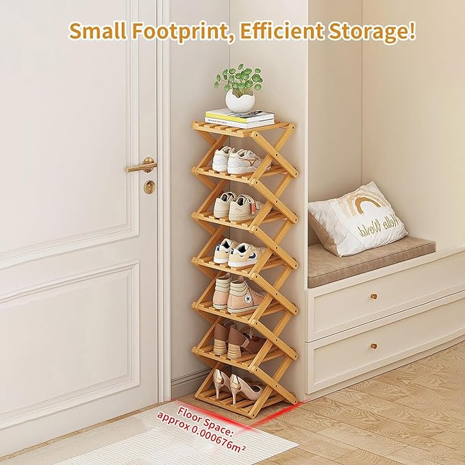 YYW Bamboo Shoe Rack for Entryway,Installation-Free and Foldable Vertical Shoe Storage Organizer,Free Standing Shoe Racks Shelf Closet Shoe Organizer for Living Room (Nature-6 Layers)