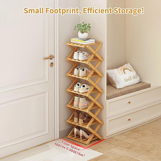 YYW Bamboo Shoe Rack for Entryway,Installation-Free and Foldable Vertical Shoe Storage Organizer,Free Standing Shoe Racks Shelf Closet Shoe Organizer for Living Room (Tawny-4 Layers)