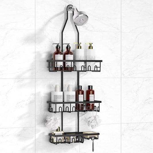 Shower Caddy,Rustproof Shower Shelves Over Shower Head,Extended Length shower rack with Soap Holder,Black