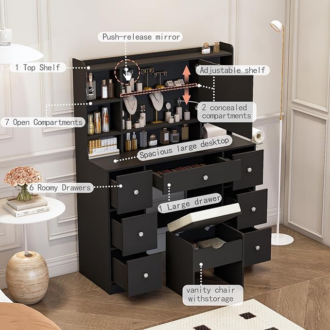 Vanity Desk with Mirror & LED Lights, Built-in Power Outlet, Dimmable LED Lighting, 7 Drawers & 7 Storage Compartments, Includes Padded Stool – Ideal Table for Bedroom Dressing Room (Black)