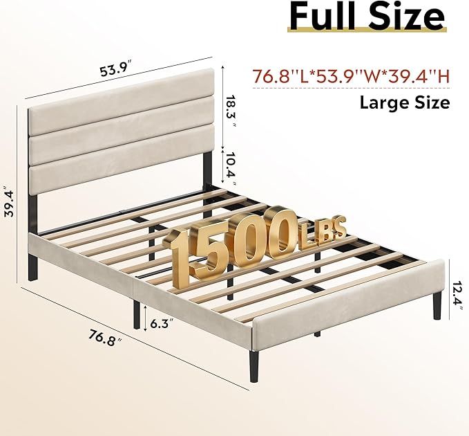 WLIVE Full Size Upholstered Bed Frame, Velvet Square Tufted Headboard,Sturdy Metal & Wooden Slats Support, No Box Spring Needed, Light Grey