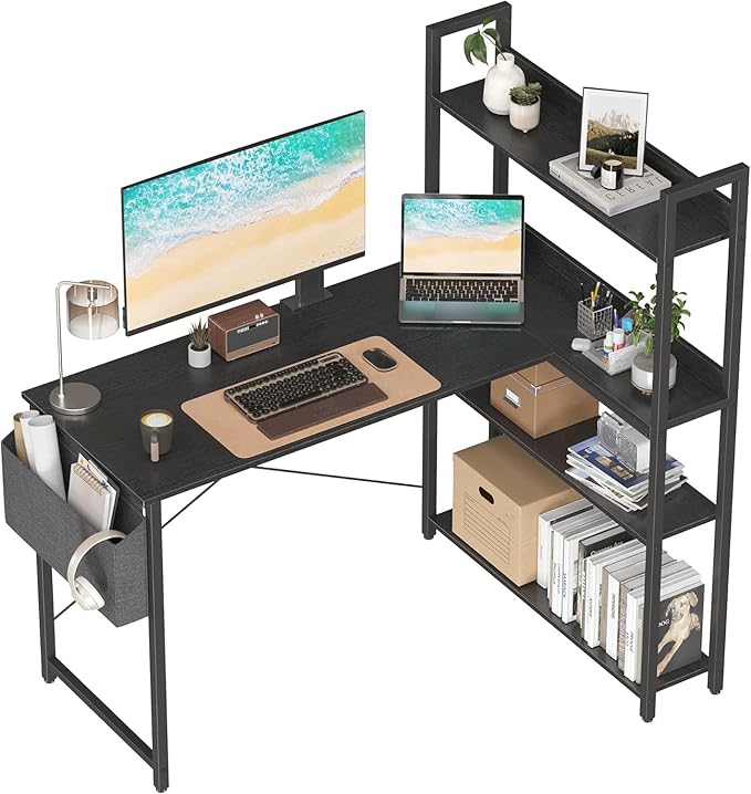 Treesland 47 Inch Computer Desk with Bookshelf, Corner Desk with Storage, L Shaped Desk, Home Office Desks, Writing Study Desk for Bedroom, Black