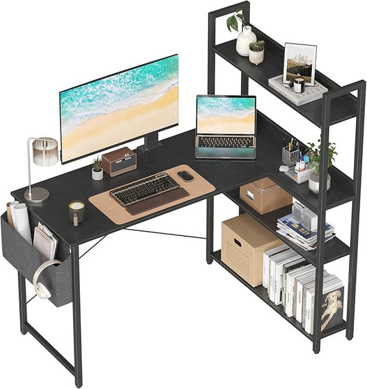 Treesland 47 Inch Computer Desk with Bookshelf, Corner Desk with Storage, L Shaped Desk, Home Office Desks, Writing Study Desk for Bedroom, Black