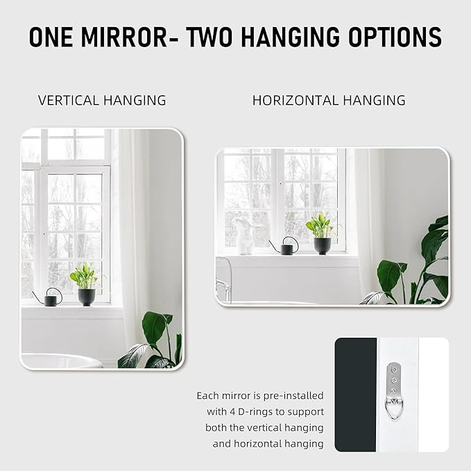 24x36 Inch White Framed Mirror for Bathroom, Rounded Coner Rectangle Mirrors for Wall with Tempered Glass Anti-Rust, Shatterproof Mirror (Horizontal/Vertical Hanging)