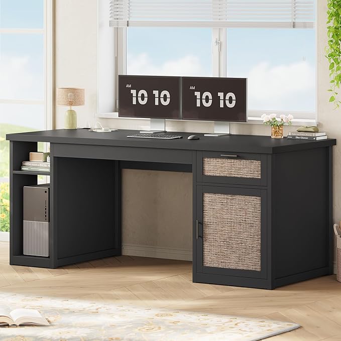 SEDETA 55.1" Rattan Computer Desk with Drawers, Office Desk with Drawers & Storage Cabinet, Farmhouse Home Office Desk with Storage, Wood Writing Desk with Power Outlets for Home Office, Black
