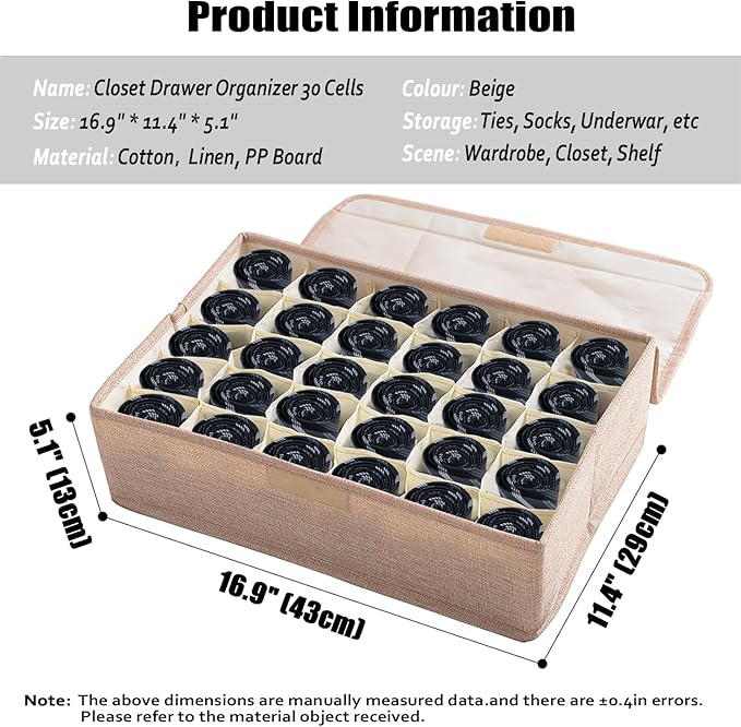 AARAINBOW 2 Packs Underwear Socks Ties Storage Organizer with Lids Foldable Closet Drawer Organizer 60 Cells, Fabric Drawer Wardrobe Divider Storage Boxes for Scarves and Lingerie (30 Cell, 2 Beige)