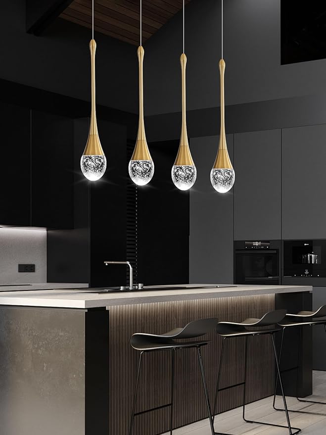 Dining Room Light Fixture 4-Light Gold Kitchen Island Lighting Industrial Linear Crystal Chandeliers for Dining Room Pendant Light Fixture for Living Room Hallway Bedroom