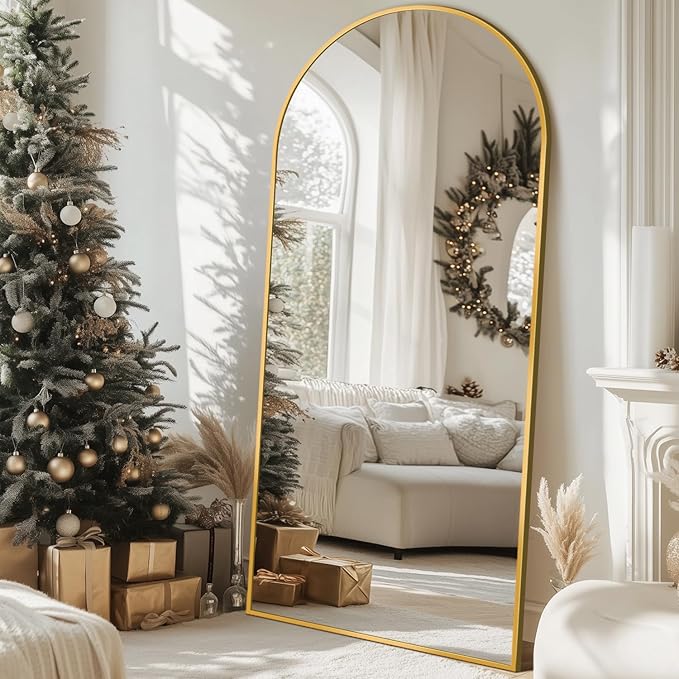 Full Length Mirror with Stand, 71"x28" Arched Full Body Large Stand Up Aluminum Frame Floor Standing Mirror, Freestanding Hanging Leaning Mounted for Bedroom Living Room Entryway Gold