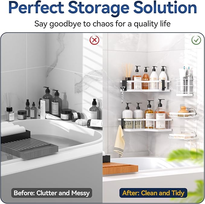 YASONIC Corner Shower Caddy Organizer, 5-Pack Self-Adhesive Rustproof Bath Shelves with Soap Holder & 4 Hooks, Large Capacity Shower Storage Rack for Bathroom Organization, White