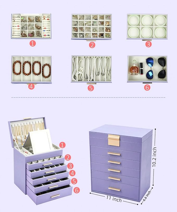 BOOVO Jewelry Box with Necklace Hanger – 6 layer Jewelry Organizer for Women with 5 Drawers, Large Jewelry Storage Boxes –Jewelry Organizers and Storage for Earrings, Necklaces (Purple, 6 layer)