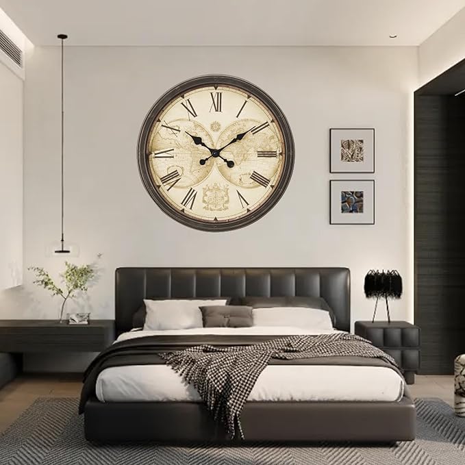 20 Inch Retro Farmhouse Wall Clock, Vintage Silent Non-Ticking, Battery Operated Decorative Clock for Living Room, Kitchen, Bedroom, Office and Home Decor,Brown Roman Number