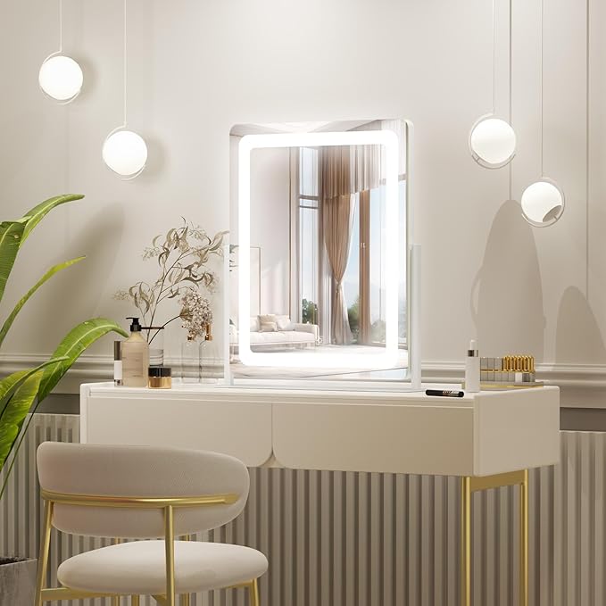 PRIMETEK Vanity Mirror with Lights, 19"x22" Large Makeup Mirror with Lights, LED Lighted Makeup Mirror, Touch Screen with 3-Color Lighting, Dimmable for Vanity Desk Tabletop, Bedroom, White