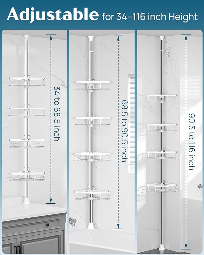 SEIRIONE Rustproof Shower Corner Caddy Organizer for Bathroom, 4 Adjustable Shelves with Tension Pole, for Bathtub Shampoo Accessories Storage Holder, 34 to 116 Inch Height