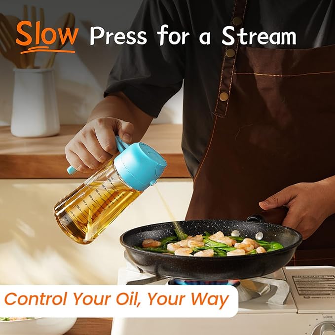TrendPlain 16oz/470ml Glass Olive Oil Sprayer for Cooking – 2 in 1 Olive Oil Dispenser Bottle for Kitchen Gadgets and Air Fryer Accessories, Salad, BBQ - Sky Blue